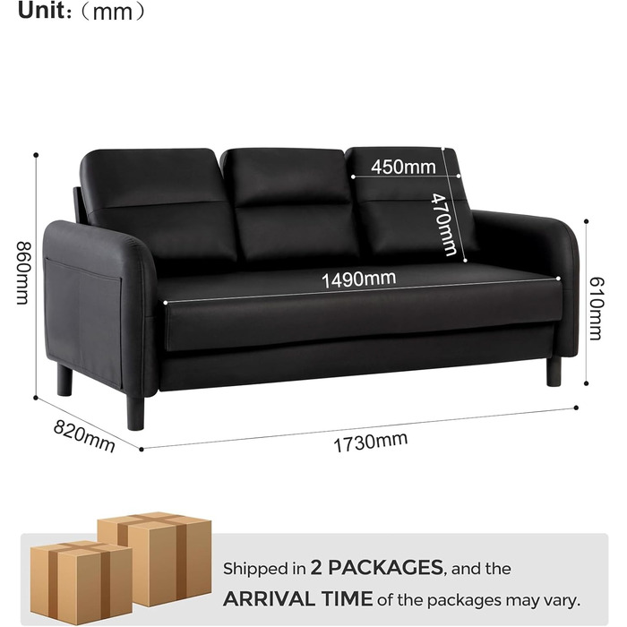 Диван 173 см, Чорні дивани для вітальні, Зручний тканинний диван, 3-місний диван з підлокітниками, 3 подушки та 4 дерев&39яні ніжки, Глибокий диван для відпочинку для домашнього офісу (чорний)