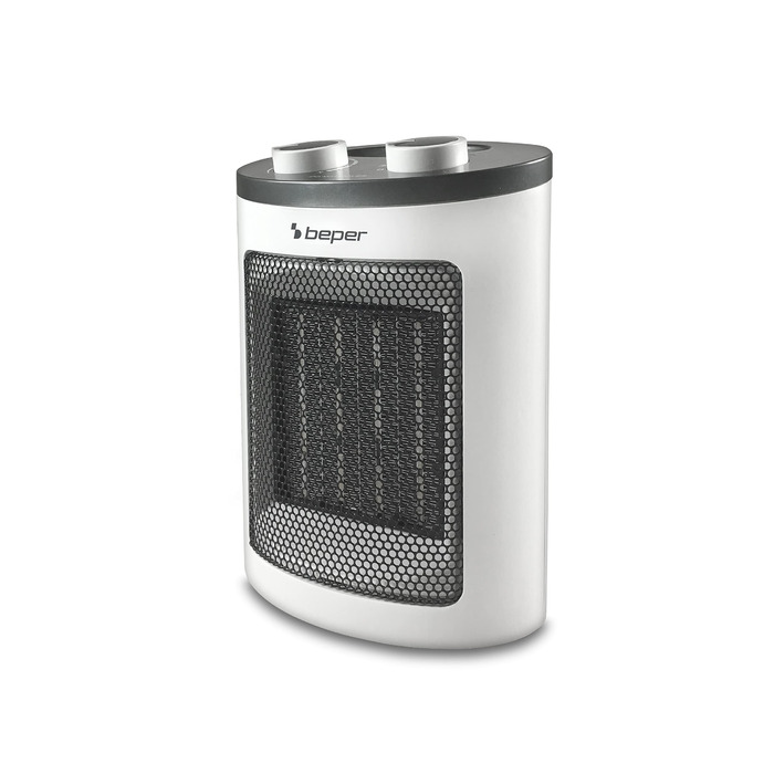 Керамічний вентилятор-обігрівач BEPER RI.080, сучасний дизайн, компактний, економний, регульований термостат, два рівні потужності, захист від перегріву, з ручкою, керамічний, PTC вентилятор-обігрівач, білий/чорний