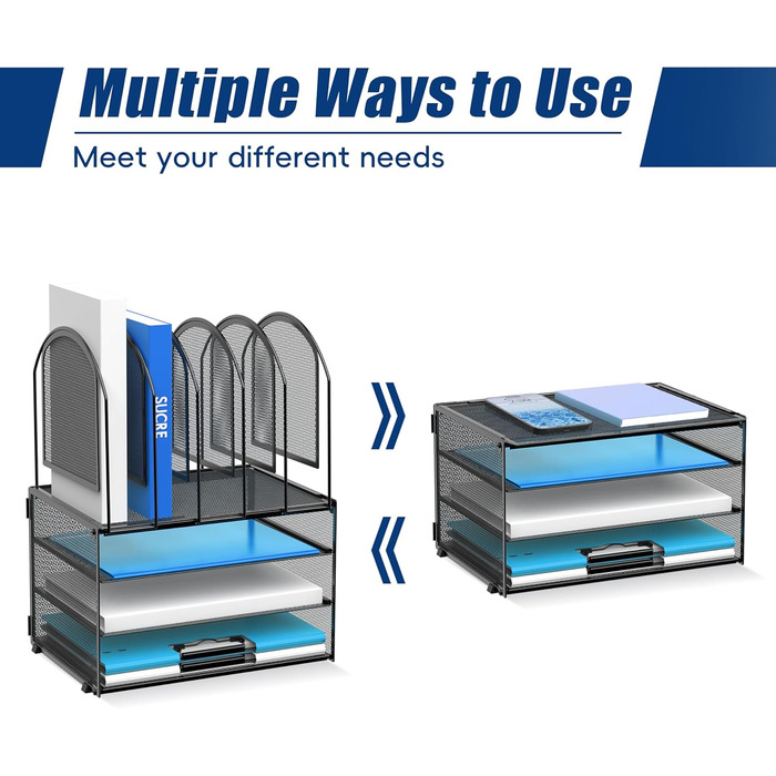 Органайзер для паперу SUPEASY, 3-рівневий лоток для листів з 5 вертикальними тримачами для файлів, багатофункціональний настільний органайзер, органайзер для папок з файлами, чорний
