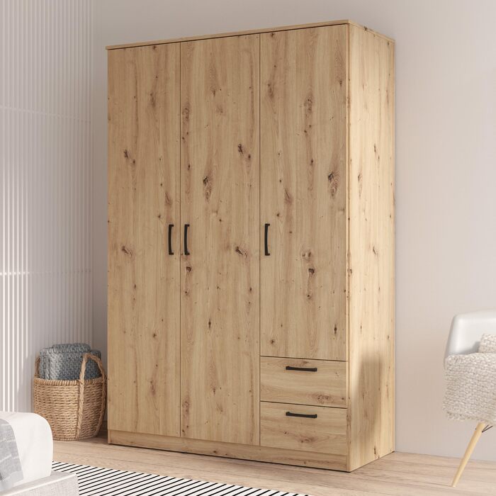 Шафа 122, Шафа в скандинавському стилі з 3 дверима та 2 шухлядами, інженерна деревина, оздоблення Artisan Oak, ширина 122 см, висота 185 см, глибина 52,7 см. Шафа Artisan Oak, 3 двері з 2 шухлядами