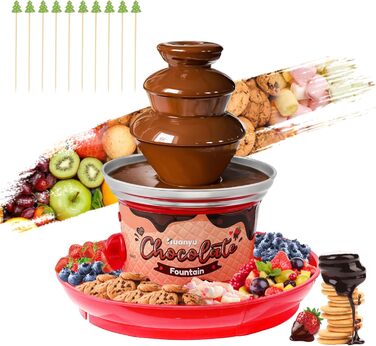 Рівнева міні-машина для шоколадного фонтану Huanyu Huanyu 10 бамбукових шампурів знімний лоток 450 г шоколадного фондю Фонтан для вечірки День народження Весілля Шоколад Сир Начо Соус барбекю Лікери (червоний), 3-