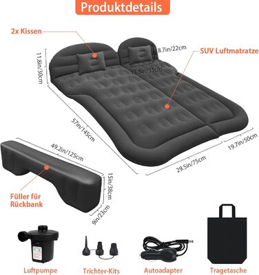 Надувний матрац для автомобіля, позашляховик, надувний матрац з насосом, MPV, надувний матрац, кемпінг, автомобільна подушка, товстіший надувний матрац для заднього сидіння з двома подушками для кемпінгу, подорожей, двору, пляжу, чорного кольору
