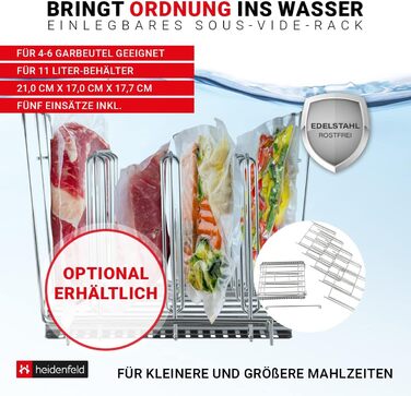 Контейнер для плити Heidenfeld SVS11 Sous Vide - дуже великий 32,0 x 26,5 x 20,0 см - Кришка - Стійка - Набір контейнерів - Повний комплект - Об'єм 11 л - Аксесуари для паличок Sous-Vide - Кухонний приладдя (Набір контейнерів)
