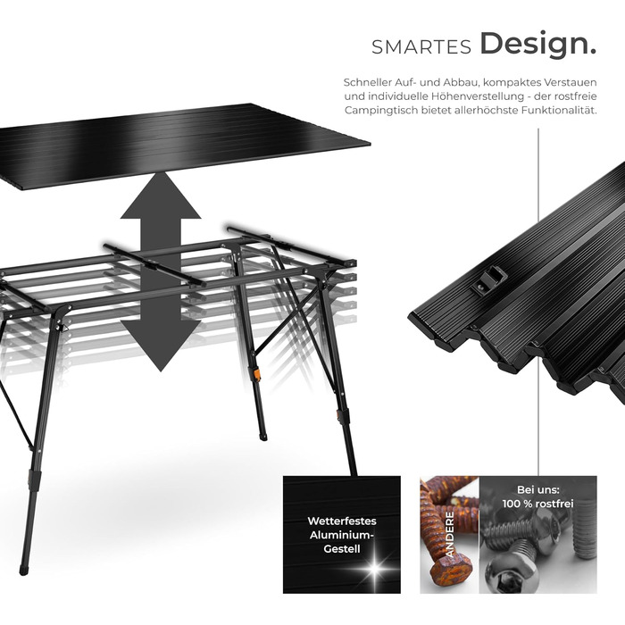 Стіл для кемпінгу tectake, розкладний стіл з алюмінію, стільниця XXL, що згортається, розкладний кемпінговий стіл, дорожній стіл, садовий стіл, водонепроникний, регульовані по висоті ніжки, сумка для перенесення, 120 x 70,5 см - чорний