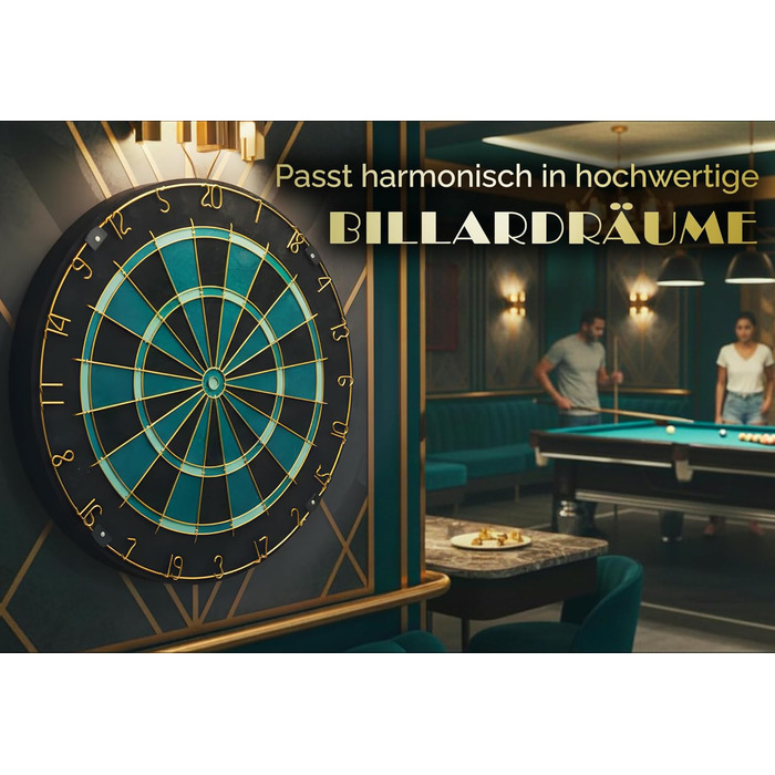 Професійна сизалева мішень для дротиків, бірюзового кольору із золотим кільцем з номером та стрілками - Професійна сталева мішень для дротиків - Мішень для дротиків з 6 металевими наконечниками, золотими стволами для дротиків та держаками