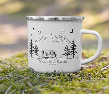 Емальована кружка, ретро-стиль, кемпінговий посуд для каравану/кемперу, персоналізована кемпінгова кружка з назвою, кавова кружка, аксесуар для автофургона/кемперу, кружка з нержавіючої сталі, подарунок для кемперів