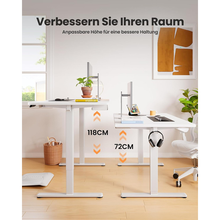 Стіл ErGear з регульованою висотою 120 x 60 см, Електричний стіл з регулюванням висоти з шухлядою та 4 смарт-панелями з функцією пам&39яті, Т-подібна конструкція ніжок для стійкості, Багатосекційна стільниця 120 x 60 см, білий колір шухляда
