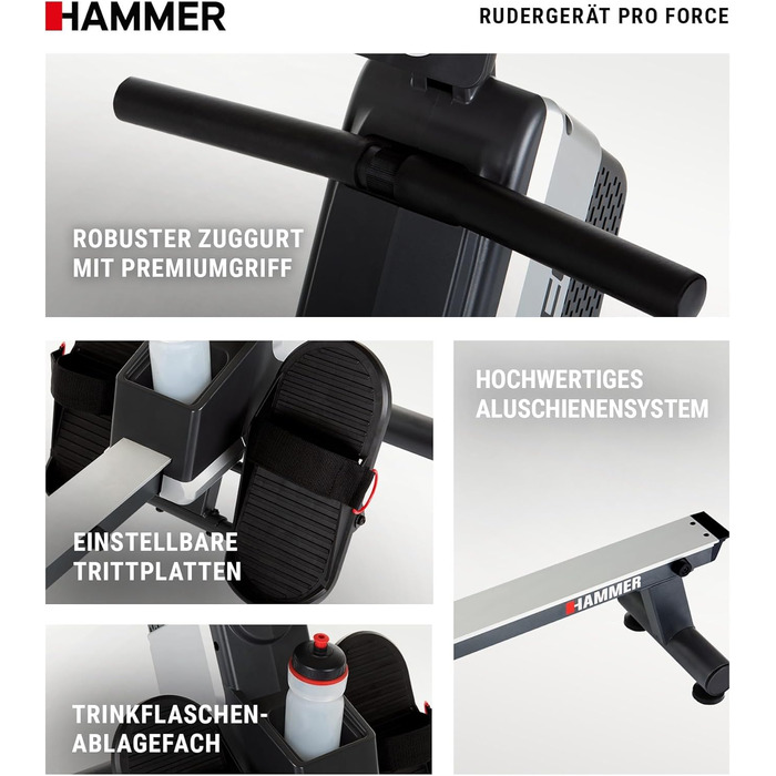 Гребний тренажер HAMMER Pro Force - компактний, легкий та високоефективний кардіотренажер з 20 програмами тренувань та тримачем для планшета, вага користувача до 120 кг