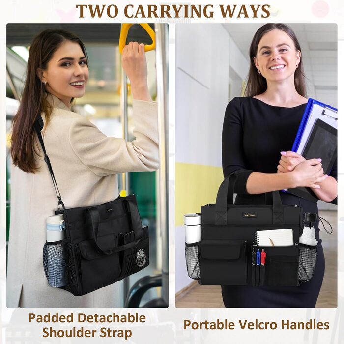 Жіноча сумка для вчителя, сумка для ноутбука з 15 кишенями, робоча сумка для медсестер, вчителів та лікарів, чорна XL (41 x 15 x 32 см)