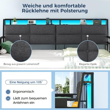 Розкладний диван-ліжко з висувним ліжком, кушетка 90x200(180x200) см, розкладна кушетка зі світлодіодним освітленням та зарядною станцією (2 розетки змінного струму, 2 порти USB), односпальне та двоспальне ліжко, гостьове ліжко сірого кольору 90x200 см/18