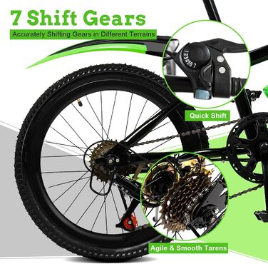 Дюймовий дитячий гірський велосипед, 7 швидкостей, для хлопчиків та дівчаток, подвійні дискові гальма, міський велосипед з вуглецевої сталі, підходить для дітей зростом 130-150 см, зелений, 20-