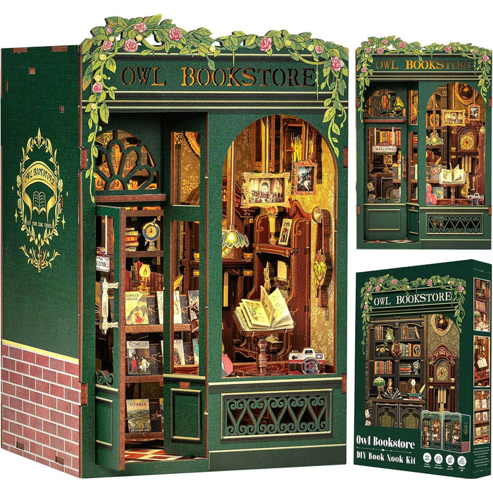 Набір для створення книжкового куточка CUTEBEE - Будиночки для ляльок своїми руками, мініатюрний набір для дорослих зі світлодіодним підсвічуванням, 3D-пазлом та підставкою для книг Креативний набір для декору книжкової полиці (Книгарня Owl)
