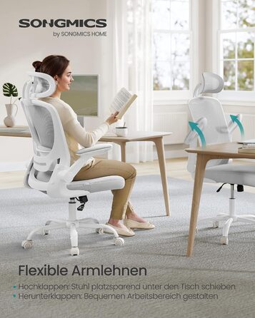 Ергономічне офісне крісло SONGMICS, обертове крісло з сіткою, поперековим відділом хребта та підголівником, функція гойдання, розмір сидіння 53 см, складні підлокітники, для роботи та спальні, для студентів, колір голубий сірий OBN047G01