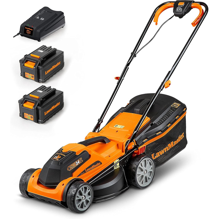 Акумуляторна газонокосарка LawnMaster CLMF2434G 24В Макс. акумулятор 2х4.0Ач, 34см, 300 м Мульчування 32л, 20-70мм 6-ступінчасте регулювання висоти зрізу 24В 34см