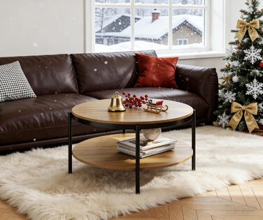 Круглий дерев&39яний журнальний столик Manora, маленький круглий столик для вітальні 80 см, диван-столик з 2 рівнями зберігання, під дуб, металеві ніжки зі сталевим каркасом (світлий дуб), сучасний дуб