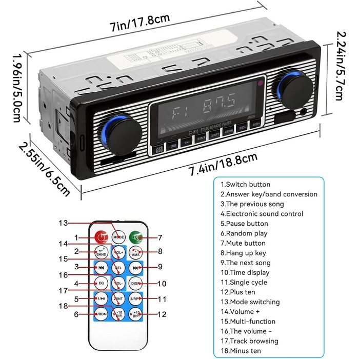 Класична автомобільна стереосистема Bluetooth Автомобільне радіо 2 ручки Одинарний Din 60WX4 FM гучний зв'язок Автомобільна стереосистема Вінтажний автомобільний MP3 AUX USB U-Disk аудіо з пультом дистанційного керування