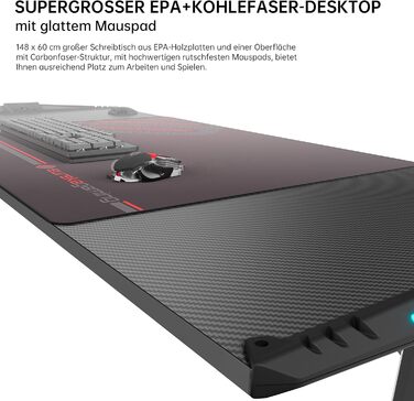 Ігровий стіл EUREKA ERGONOMIC, 140 x 60 см, МДФ / сталь / вуглецеве волокно, чорний