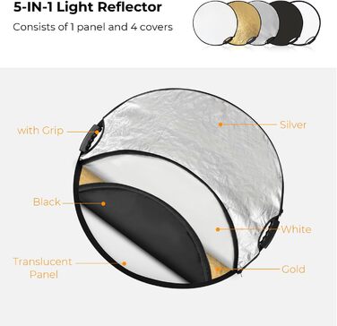 В-1 рефлектор для фотографії (80 см/32 дюйми), складаний відбивач з сумкою для перенесення та подвійною ручкою, напівпрозорий, сріблястий, золотий, білий та чорний круглі відбивачі для фотозйомки, зовнішнє освітлення 80 см з ручкою, 5-