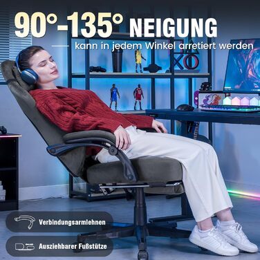 Ігрове крісло GTPLAYER, тканина, ергономічне офісне крісло, крісло для ПК, вантажопідйомність 150 кг, регульоване та поворотне робоче крісло з пружинною подушкою сидіння та підставкою для ніг, сірий