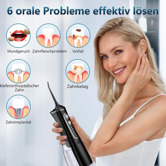Бездротовий Електричний Іригатор для Порожнини Рота, Переможець Тестів 2026, 4 Режими Налаштування Тиску та 5 Насадок з Обертанням на 360 для Щоденного Глибокого Очищення, 300 мл, Водонепроникний IPX7 для Подорожей та Дому, Чорний