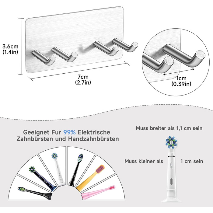 Тримач для зубної щітки YYBO Настінний тримач для зубної щітки Тримач для електричної зубної щітки Тримач головки щітки з нержавіючої сталі, Тримач для електричної зубної щітки без свердління, Багатофункціональний гачок для ванної кімнати