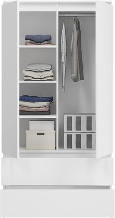 Домашня колекційна гардеробна, багатофункціональна шафа, побутова шафа 90x50x180 см (ШxГxВ) з 2 шухлядами, 3 полицями та вішалкою для одягу міцна, компактна та універсальна Білий (без подовжувача)
