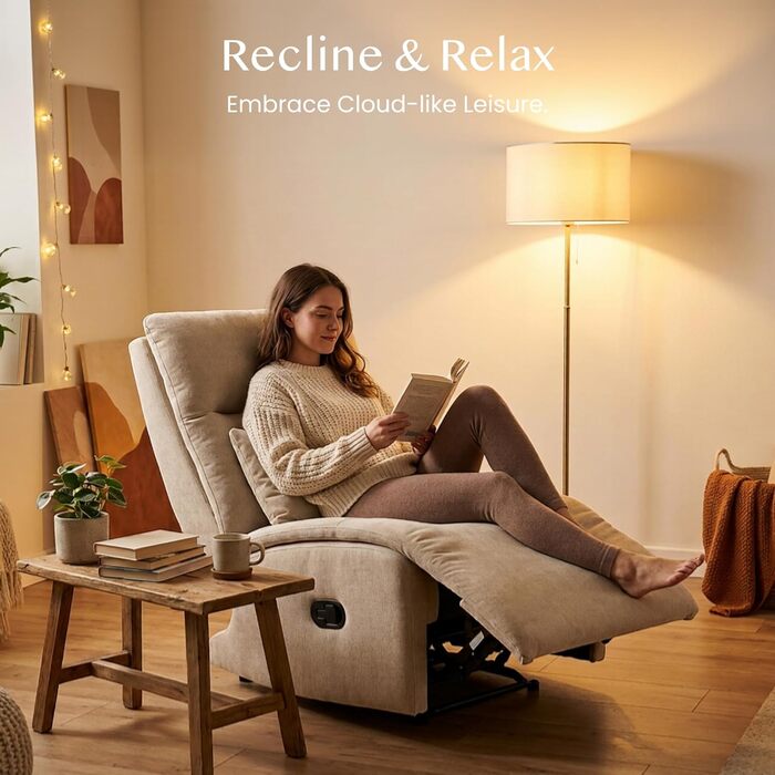 Крісло-гойдалка FLEXISPOT з 3-позиційним регулюванням відкидання, крісло для телевізора, крісло-гойдалка, подушка та бічна кишеня, ідеально підходить для сім&39ї та відпочинку, колір HomeEase Beige Oat Beige