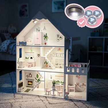 Дерев&39яний ляльковий будиночок Барбі, великий 118 см Kinderplay 3-поверховий ляльковий будиночок для дітей з меблями, світлодіодними лампами, наклейками та аксесуарами сучасний дерев&39яний ігровий будиночок, подарунок для дітей віком від 3 років, білий