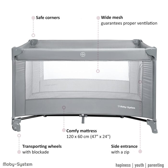 Дитяче ліжечко Moby-System 128x68 см Складане дитяче ліжечко з матрацом та сумкою для перенесення Манеж з боковим виходом для дітей вагою до 15 кг Сірий базовий