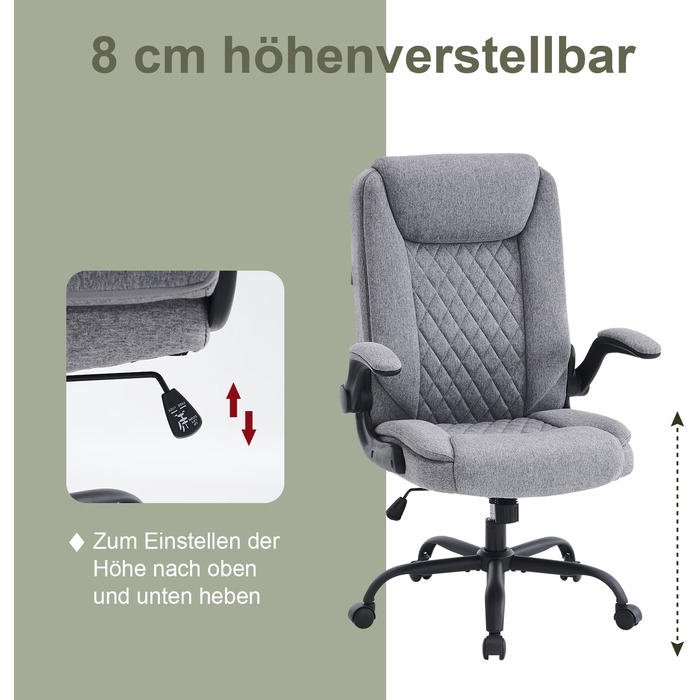 Ергономічне офісне крісло CASTLOVE, крісло керівника з м&39якими підлокітниками, складне, регульоване по висоті, функція гойдання та підголівник, зручне для домашнього офісу, вантажопідйомність 150 кг, сіра тканина