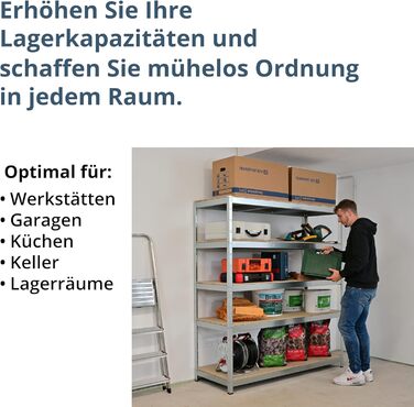 Стелаж SCHULTE Shelf World для важких умов експлуатації з 5 рівнями, 180x160x60 см (ВxШxГ), вантажопідйомність на рівень приблизно 250 кг, оцинкований, стелаж для зберігання, стелаж для підвалу, стелаж для майстерні, стелаж без ригелів