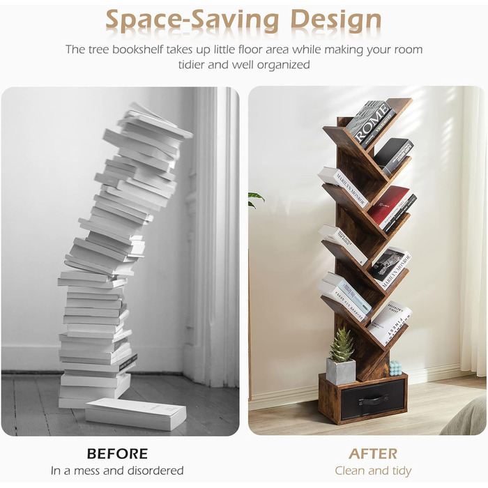 Рівнева книжкова полиця з шухлядою, книжкова полиця/полиця для CD/DVD у формі дерева, окремостояча полиця у формі дерева, перегородка для кімнати/полиця для файлів/полиця для зберігання, дерев&39яна, 38x20x149,5 см, вінтажний коричневий колір, 10-