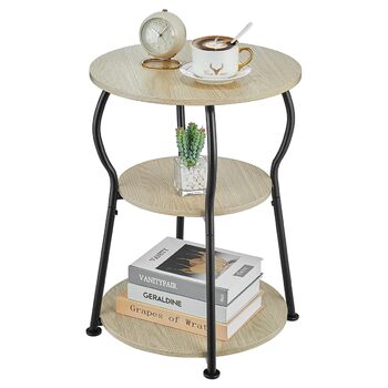 Круглий журнальний столик, 3-ярусний вінтажний журнальний столик, невеликий з міцним металевим каркасом, тумбочка біля ліжка, невеликий круглий диванний столик для вітальні, спальні, балкону, 40 x 40 x 55 см (дуб).