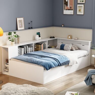 Односпальне ліжко Aoskem дитяче ліжко ліжко 90x200 ліжко з ящиками для зберігання та шафою для зберігання та книжковою полицею, де