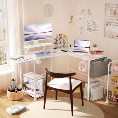 Ігровий стіл із розумним світлодіодним освітленням, L-подібний стіл із подовжувачем для домашнього офісу, кутовий стіл 120-150 см з розеткою, сумка для зберігання, підставка для монітора, білий