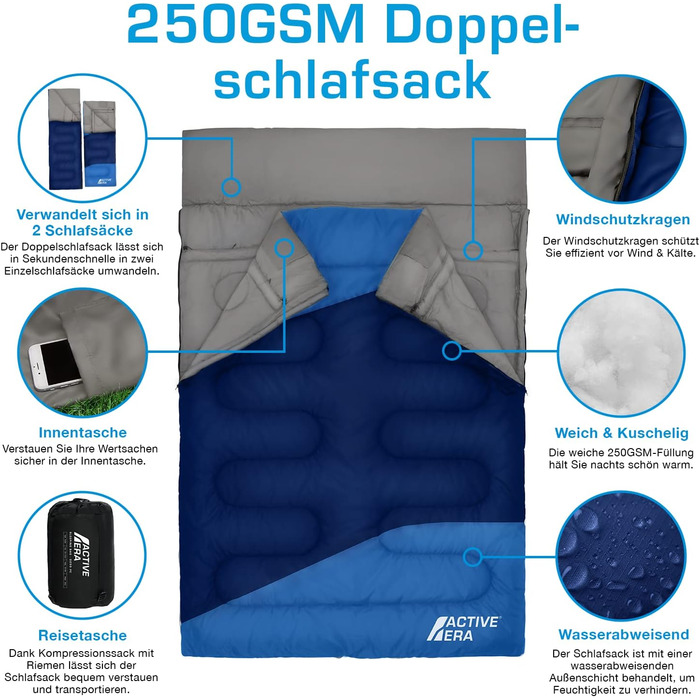 Теплий спальний мішок-мумія Active Era Professional 300, 300 г/м, двошаровий наповнювач, 3-4 сезони, для кемпінгу, походів, активного відпочинку на природі (синій), синій спальний мішок-мумія з двоспальним ліжком