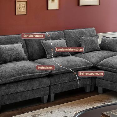 Модульний кутовий диван, L-подібний диван для вітальні, надзвичайно глибокі, зручні дивани-хмарки з шенілу з декоративними подушками та розсувною оттоманкою (чорний, 3 місця з 1 оттоманкою) Чорний 3 місця з 1 оттоманкою