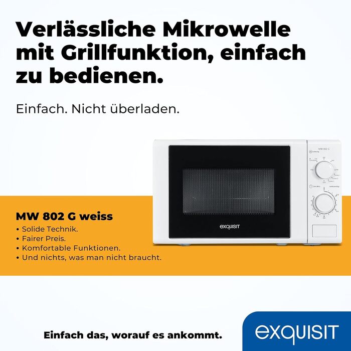 Мікрохвильова піч Exquisit MW 802 G Мікрохвильова піч з грилем 1000 Вт Всього 700 Вт Таймер Мікрохвильова піч маленька та компактна 20 л Garrraum білий Білий Класичний