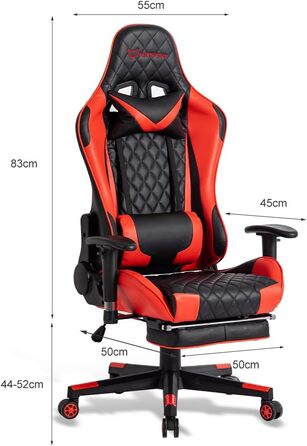 Ергономічне ігрове крісло, повністю регульоване з підлокітниками, підставкою для ніг, підголівником, спинкою та подушкою функція нахилу максимальний комфорт для геймерів та офісних працівників. З підставкою для ніг, червоного кольору.