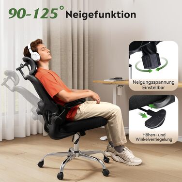 Ергономічне офісне крісло DEVAISE, письмове крісло з поперековою опорою, 3D-підголівник, підлокітники, що складаються на 90, та дихаюча сітчаста спинка, функція гойдання для офісу та домашнього офісу, до 150 кг, чорний колір