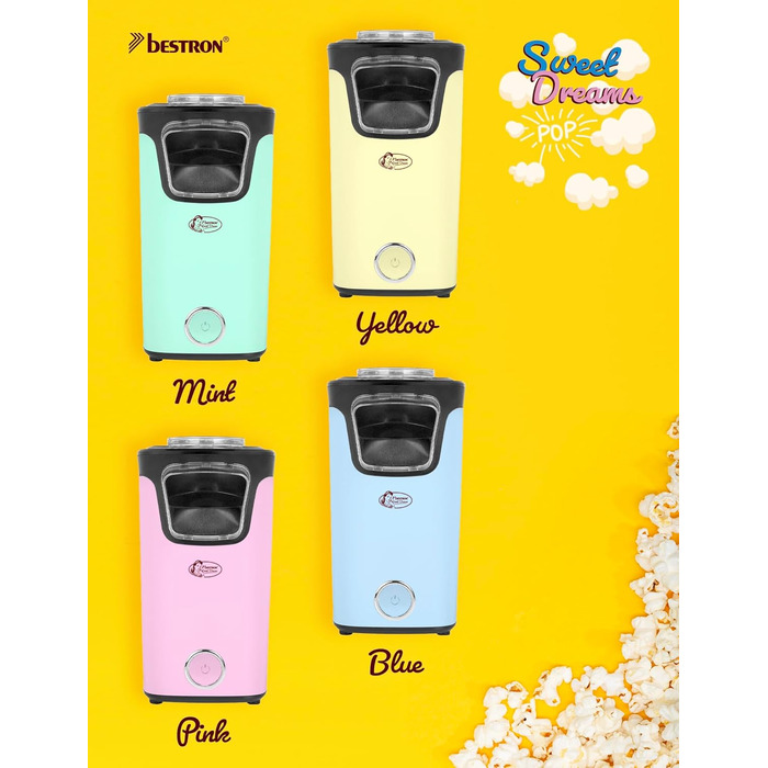 Виробник попкорну Bestron, турбо-попкорн менш ніж за 2 хвилини, машина для приготування попкорну з технологією гарячого повітря, включаючи 10 пакетиків для попкорну та вбудовану мірну чашку, колекція Sweet Dreams, колір рожевий