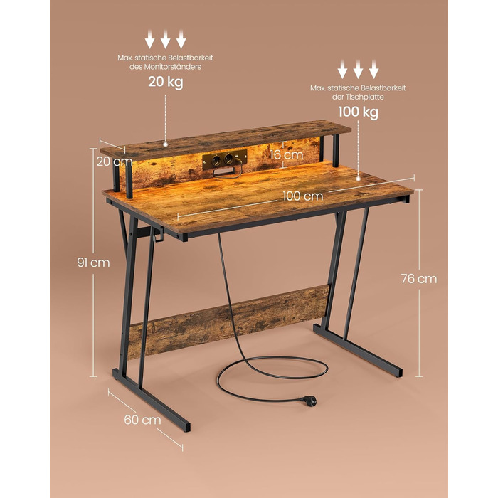 Ігровий стіл із вбудованим подовжувачем, Комп&39ютерний стіл, з підставкою для 2 моніторів, Спальня, 60 x 100 x 76 см, Вінтажний коричневий LWD191K01 100 x 60 см Вінтажний коричневий