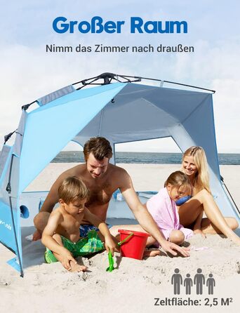 Пляжний намет Glymnis Quick Up, автоматичний пляжний намет, захист від ультрафіолету 50, вітрозахисний, сонцезахисний козирок із системою швидкого складання, невеликий розмір у пакуванні, для 4-5 осіб, синій, BT-ZD02-B, з подовжувальною підлогою