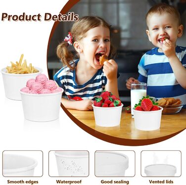 Паперових контейнерів для супу з кришками, набір картонних мисок для супу об&39ємом 240 мл, багаторазові стаканчики для салату, морозива, супу, кави (білі), 100