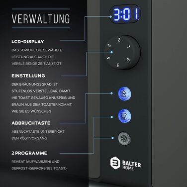 Тостер Balter на 4 скибочки, довгий лоток, нержавіюча сталь, насадка для хліба, РК-дисплей з індикатором часу, що залишився, функц