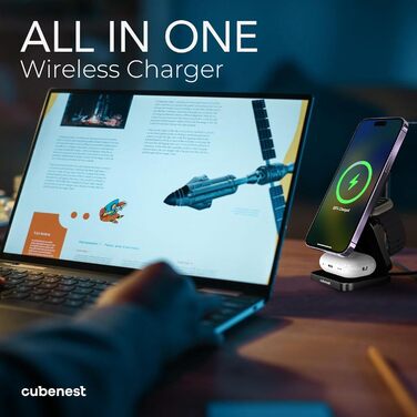 Складаний алюмінієвий бездротовий зарядний пристрій Cubenest 3в1 Сумісний з Magsafe, бездротовий зарядний пристрій для iPhone 12/1