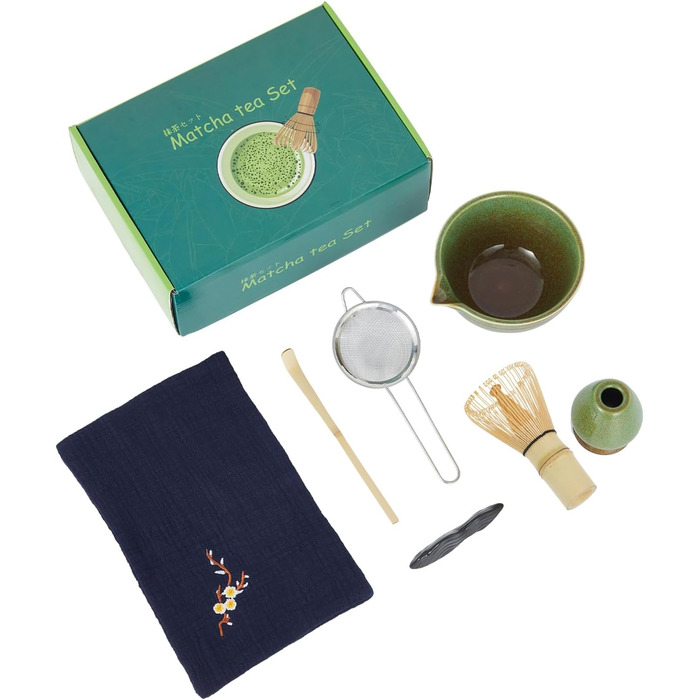 Набір для матчі Garvee 7 предметів керамічна чаша, бамбуковий вінчик (часен), підставка для вінчика, бамбусова ложка, підставка для ложки, ситечко з нержавіючої сталі та серветка для чаю для традиційних чайних церемоній та поціновувачів чаю колір зелений,