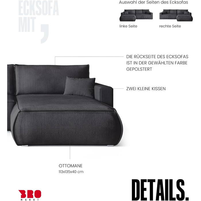 Диван з функцією сну, диван L, засіб для чищення оббивки, диван-ліжко з місцем для зберігання, розкладний диван для вітальні, окремостоячий диван, диван Havana Relax, 3-місний, 270x173x80 см, сірий