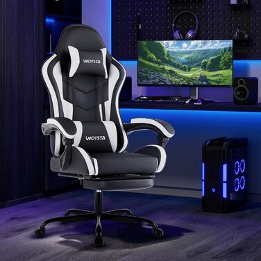 Ігрове крісло, Комп&39ютерне крісло, Ергономічне ігрове крісло з підставкою для ніг, Офісне крісло, Ергономічне комп&39ютерне крісло з поперековою опорою (BLKWT), Чорний/Білий