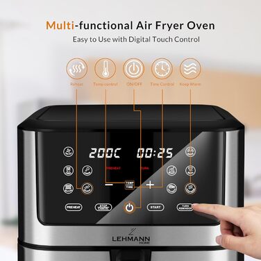 Фритюрниця Lehmann LHODF-1880 8 л XXL, фритюрниця 1800 Вт з 10 програмами, фритюрниця без олії до 200C, фритюрниця з таймером, сенсорним екраном і функцією зневоднення